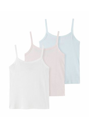 Kolme ohutohihnaista ribbineuletaskua, valkoisina, vaaleanpunaisina ja vaaleansinisinä, aseteltuna päällekkäin valkoisella taustalla.