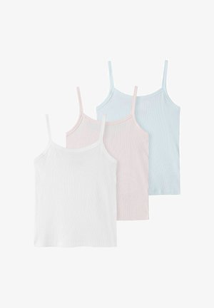 Kolme ohutohihnaista ribbineuletaskua, valkoisina, vaaleanpunaisina ja vaaleansinisinä, aseteltuna päällekkäin valkoisella taustalla.