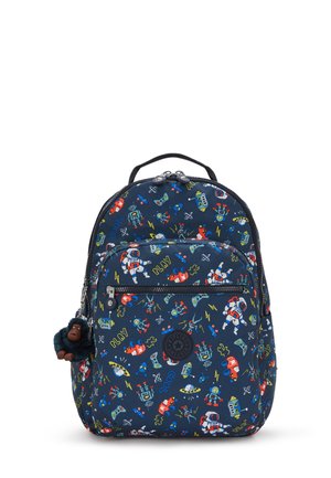 Zaino navy con motivi a fumetti di spazio e giochi, caratterizzato da un logo in gomma, tasca frontale e un portachiavi a forma di scimmia.