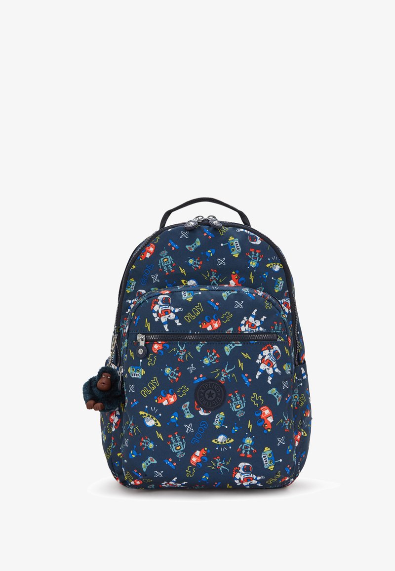 Marine rygsæk med tegneserie-rymd- og gamingmønstre, udstyret med et gummi-logo, frontlomme og en monkey nøglekæde accent.
