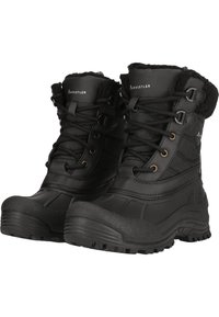 Botas de invierno negras aisladas con suelas de goma, diseño con cordones, costuras laterales y cuello de piel sintética para mayor calidez. Materiales duraderos en toda su construcción.