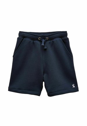 Marineblå afslappede shorts med elastisk linning, justerbar snor, sidelommer og lille hvidt broderet logo på venstre kant.