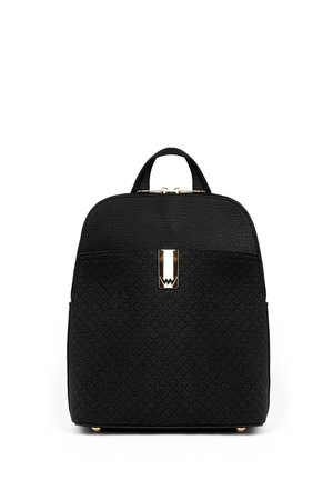Black textured leather backpack with a geometric pattern, gold hardware accent, and a top handle, featuring a zip closure and minimalistic design.