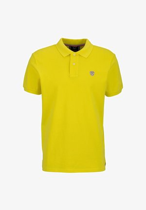 Gelbes Poloshirt aus Baumwolle mit klassischem Kragen, Zwei-Knopf-Leiste, kurzen Ärmeln und kleinem Emblem auf der Brust.