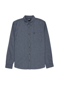 Chemise à manches longues, boutonnée, gris foncé, avec poche avant et col, étalée à plat sur fond blanc.