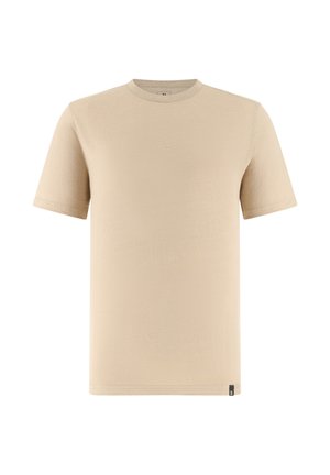 Beige T-shirt met korte mouwen en ronde hals, met een klein zwart label op de onderste linkerzoom.