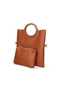 Borsa a spalla in pelle marrone con manico rotondo e una piccola pochette con zip, caratterizzata da una superficie testurizzata e un discreto dettaglio del marchio.
