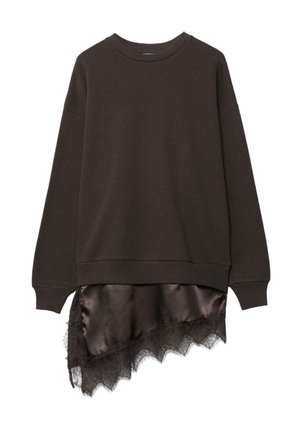 Černá mikina s dlouhým rukávem s asymetrickým lemem ze saténové látky a spodním okrajem ozdobeným vroubkovanou krajkou.