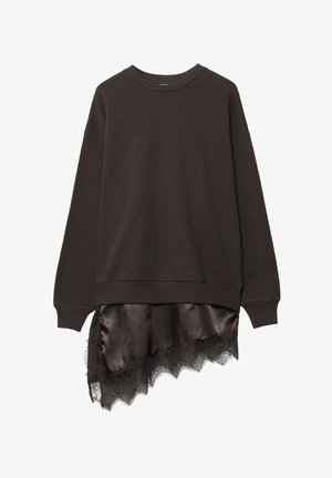 Černá mikina s dlouhým rukávem s asymetrickým lemem ze saténové látky a spodním okrajem ozdobeným vroubkovanou krajkou.