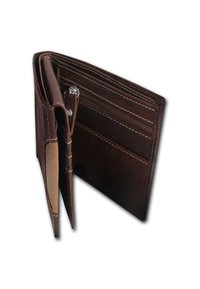 Brown leather wallet with multiple card slots, a zippered pocket, and stitched detailing. Features a slim design with a smooth texture.