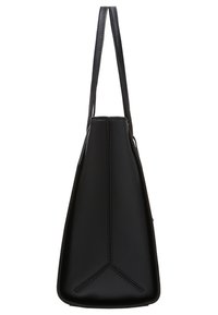 Schwarze Handtasche mit dreieckiger Form, gefertigt aus glattem Leder. Verfügt über zwei längliche Träger und dezente gestickte Akzente auf der Vorderseite.