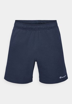 Navy blue athletic shorts made of soft fabric, featuring an elastic waistband and a small white logo on the lower left side.