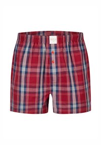 Červené a modré kostkované boxerky s elastickým pasem, předními knoflíky a malou štítkem v pase. Bavlněný materiál s jemnou texturou.