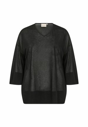 Juodas V-kaklo marškinėlis su trumpomis rankovėmis. Pagamintas iš permatomo, lengvo audinio. Laisvas kirpimas, minkšta tekstūra, be matomų raštų ar akcentų.