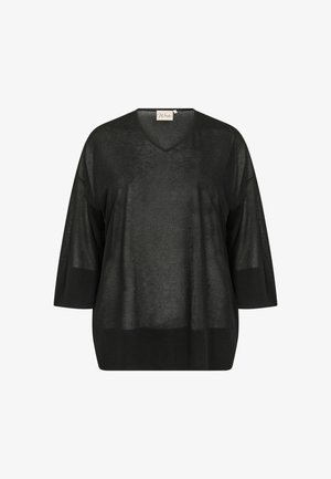 Melna V-veida blūze ar īsām piedurknēm. Izgatavota no caurspīdīga, viegla auduma. Brīvs piegriezums ar gludu tekstūru un bez redzamām rakstu vai akcentiem.