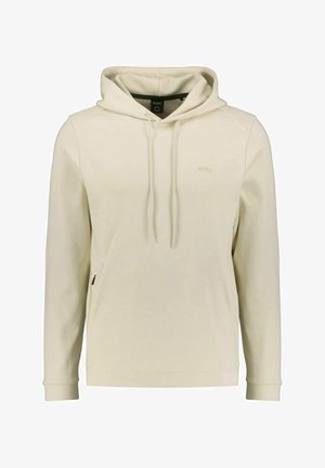 Cream-colored hoodie made from soft material, featuring a front pocket, adjustable drawstring hood, and discreet branding on the chest.