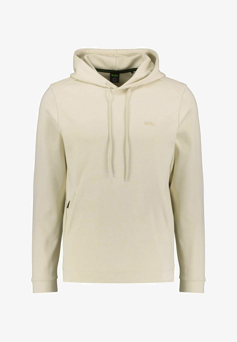 Sweat à capuche couleur crème en tissu doux, avec poche avant, capuche à cordon ajustable et marquage discret sur la poitrine.