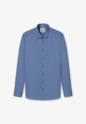 Heren overhemd met lange mouwen in blauw, met knopen en een kraag met knopen, nauwsluitende pasvorm, gemaakt van gestructureerde stof.