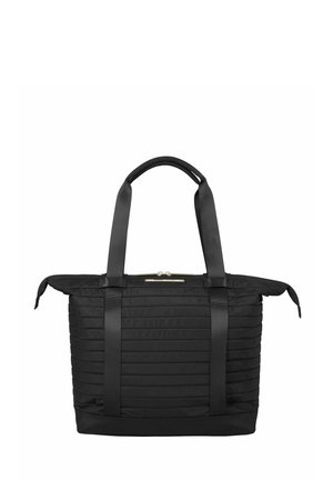 Sac cabas rectangulaire noir matelassé avec deux longues anses et une fermeture supérieure zippée.