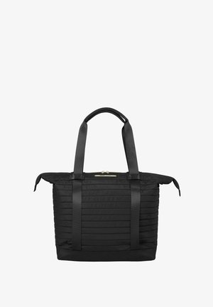 Borsa tote nera rettangolare trapuntata con due manici lunghi e chiusura superiore con cerniera.