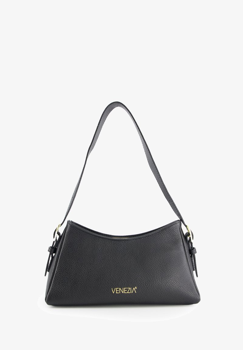 Zwarte leren handtas met een gestructureerde, driehoekige vorm en een enkele schouderband. Bevat een gouden "VENEZIA" logo op de voorkant.
