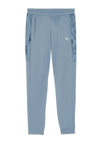 Hellblaue Sporthose aus glattem Stoff mit gemusterten Seitenpanels; verfügt über einen elastischen Bund und Bündchen an den Knöcheln. Weißes Logo auf der Vorderseite.