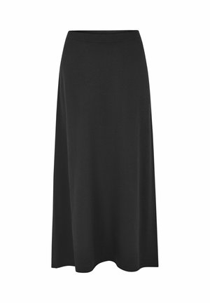 Čierna sukňa po kolená vyrobená z mäkkého materiálu s hladkou textúrou. Má elastický pás a voľný A-liniový strih.