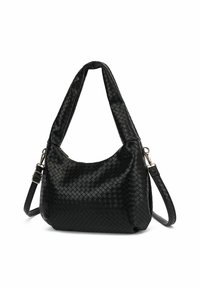 Melnā austā rokassoma ar teksturētu apdari, vienu plecu siksnu un regulējamu krūšu siksnu. Augšpusē ar rāvējslēdzēju.