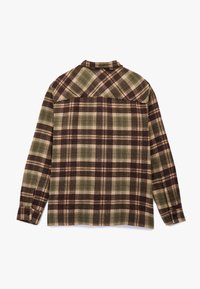 Geruite flanellen shirt in groen, bruin en beige. Heeft lange mouwen, een puntige kraag en een pasvormontwerp op de achterkant. Zachte textuur.
