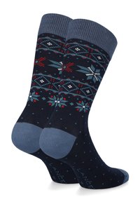 Granatowe skarpety typu crew z wzorem czerwonych i jasnoniebieskich płatków śniegu, geometrycznych kształtów oraz akcentów w kropki. Wzmocnione pięta i palce.