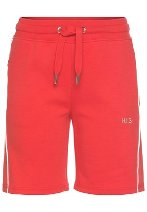 Red cotton shorts with an elastic waistband, adjustable drawstring, and embroidered logo. Features white side stripes and a smooth texture.
