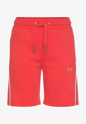 Rote Baumwollshorts mit elastischem Bund, verstellbarem Kordelzug und gesticktem Logo. Verfügt über weiße Seitenstreifen und eine glatte Textur.