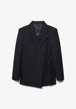 Schwarze Blazer mit Reverskragen, Wickeldesign und Bindegürtel in der Taille. Aus glattem Stoff mit langen Ärmeln und lockerer Passform.