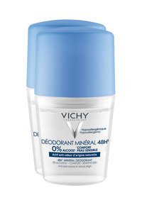 Roll-on deodorant with a translucent container and a light blue cap. Text includes "Vichy" and "Déodorant Minéral 48H," highlighting its hypoallergenic properties.