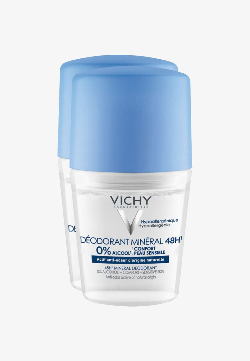 Roll-on deodorant with a translucent container and a light blue cap. Text includes "Vichy" and "Déodorant Minéral 48H," highlighting its hypoallergenic properties.