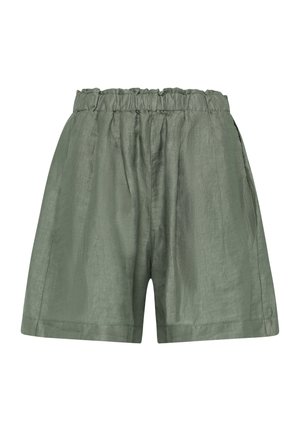 Grüne Leinen-Shorts mit elastischem Bund, die eine lockere Passform und eine leicht strukturierte Oberfläche aufweisen. Der Saum endet in der Mitte des Oberschenkels.