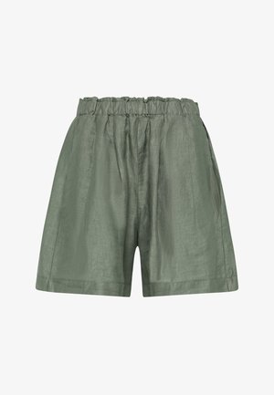 Groene linnen korte broek met een elastische tailleband, met een losse pasvorm en een licht gestructureerd oppervlak. De zoom valt halverwege de dij.