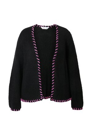 Černý pletený cardigan s hlubokým výstřihem do V a růžovým kontrastním prošitím podél okrajů a rukávů. Měkká, strukturovaná látka. Design s otevřeným předním dílem.