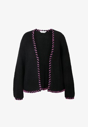 Cardigan nero lavorato a maglia con scollo a V profondo e cuciture contrastanti rosa lungo i bordi e le maniche. Tessuto morbido e strutturato. Modello con apertura frontale.