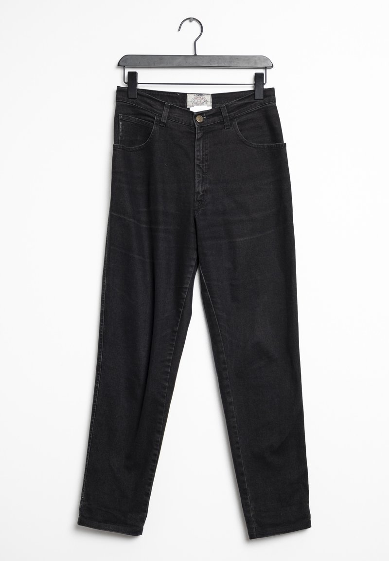 Black denim jeans with a high waist, two front pockets, and a single back pocket. Features a zipper fly and metal button closure.
