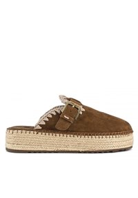 Brown suede slide sandal with woven jute sole, adjustable buckle strap, and braided detailing along the opening. Flat profile.