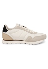 White sneaker with beige and black accents, featuring a smooth leather upper, suede overlays, and a textured back. Rubber outsole.