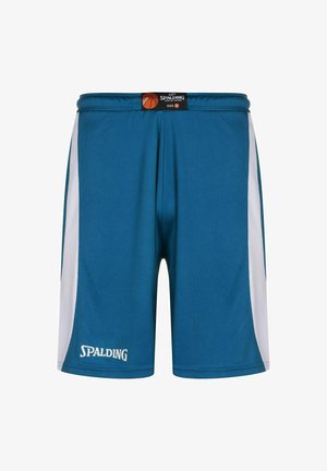 Shorts de basket en teal avec un panneau latéral blanc, fabriqués en tissu respirant. Présentent le logo Spalding sur le devant et une taille élastique. Taille M.