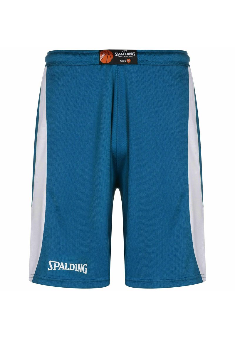 Türkise Basketball-Shorts mit einem weißen Seitenpanel, aus atmungsaktivem Material. Mit Spalding-Logo auf der Vorderseite und elastischem Bund. Größe M.
