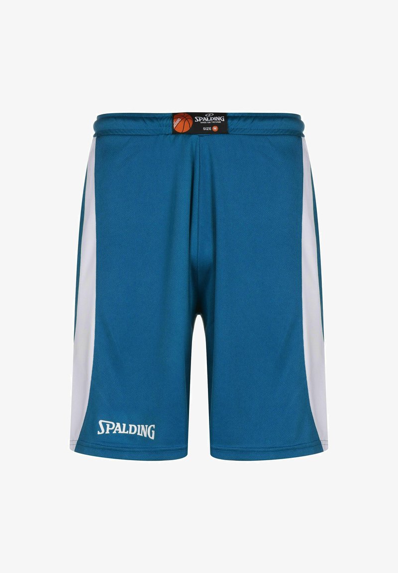 Türkise Basketball-Shorts mit einem weißen Seitenpanel, aus atmungsaktivem Material. Mit Spalding-Logo auf der Vorderseite und elastischem Bund. Größe M.