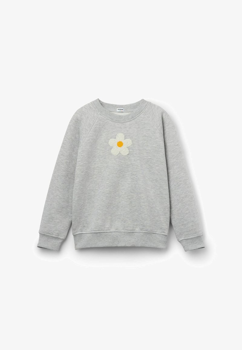 Šedá mikina vyrobená z jemného materiálu, která má nízkoprofilovou bílou květinovou výšivku se žlutým středem a pružné manžety a spodní lem.