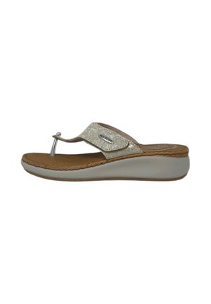 Infradito beige con cinturino metallico, soletta imbottita e suola a zeppa, progettata per un uso casual e comfort.