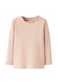 Vaaleanpunainen pitkähiha shirt, jossa on ribattu pinta, halkokeulakuvio ja röyhelöhihojen reunat. Yksinkertainen muotoilu ilman lisäkuvioita.