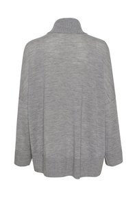 Pull en tricot gris clair à manches longues avec un col montant côtelé, des poignets côtelés et un ourlet côtelé, vu de dos.