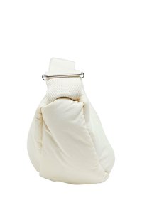 White fabric bag with a soft, puffy design. Features a textured strap and a silver metal clasp for closure. Compact and rounded shape.